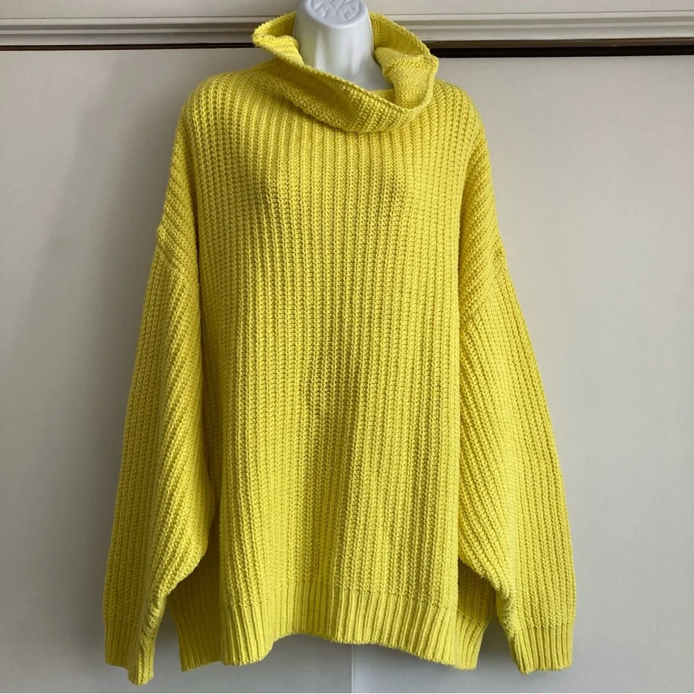 Free People Swim Too Deep Oversized Turtleneck Sweater in Lemon Love 🍋, Sz L - Picture 4 of 16